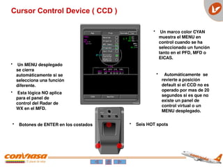 • Botones de ENTER en los costados
• Un marco color CYAN
muestra el MENU en
control cuando se ha
seleccionado un función
tanto en el PFD, MFD o
EICAS.
• Un MENU desplegado
se cierra
automáticamente si se
selecciona una función
diferente.
• Esta lógica NO aplica
para el panel de
control del Radar de
WX en el MFD.
• Automáticamente se
revierte a posición
default si el CCD no es
operado por mas de 20
segundos si es que no
existe un panel de
control virtual o un
MENU desplegado.
• Seis HOT spots
Cursor Control Device ( CCD )
 