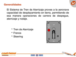 El Sistema de Tren de Aterrizaje provee a la aeronave
capacidad de desplazamiento en tierra, permitiendo de
esa manera operaciones de carrera de despegue,
aterrizaje y rodaje.
• Tren de Aterrizaje
• Frenos
• Steering
Generalidades
 