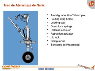 • Amortiguador tipo Telescopio
• Folding drag brace
• Locking stay
• Down lock springs
• Release actuator
• Retraction actuator
• Up lock
• Compuertas
• Sensores de Proximidad
Tren de Aterrrizaje de Nariz
 