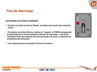 Tren de Aterrizaje
EXTENSIÓN ELÉCTRICA OVERRIDE
 Cuando el modo normal ha fallado, se utiliza este modo para extender
el tren.
 El sistema override eléctrico realiza un “bypass” al PSEM energizando
el selenoide de la válvula selectora del tren de aterrizaje, y de forma
hidráulica libera los uplocks del tren principal y de nariz, y extiende los
actuadores de retracción.
 Las compuertas son actuadas de forma mecánica.
 