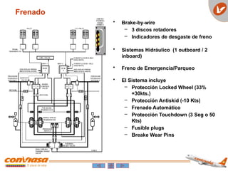 Frenado
• Brake-by-wire
– 3 discos rotadores
– Indicadores de desgaste de freno
• Sistemas Hidráulico (1 outboard / 2
inboard)
• Freno de Emergencia/Parqueo
• El Sistema incluye
– Protección Locked Wheel (33%
+30kts.)
– Protección Antiskid (-10 Kts)
– Frenado Automático
– Protección Touchdown (3 Seg o 50
Kts)
– Fusible plugs
– Breake Wear Pins
 
