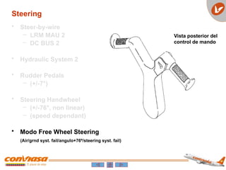 Vista posterior del
control de mando
Steering
• Steer-by-wire
– LRM MAU 2
– DC BUS 2
• Hydraulic System 2
• Rudder Pedals
– (+/-7°)
• Steering Handwheel
– (+/-76°, non linear)
– (speed dependant)
• Modo Free Wheel Steering
(Air/grnd syst. fail/angulo+76º/steering syst. fail)
 