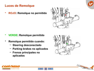 Luces de Remolque
• ROJO: Remolque no permitido
• VERDE: Remolque permitido
• Remolque permitido cuando:
– Steering desconectado
– Parking brakes no aplicados
– Frenos principales no
aplicados
 
