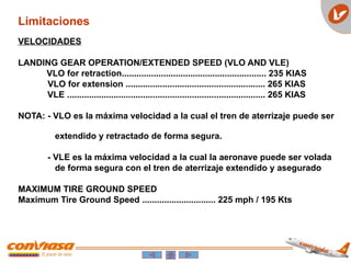 VELOCIDADES
LANDING GEAR OPERATION/EXTENDED SPEED (VLO AND VLE)
VLO for retraction........................................................... 235 KIAS
VLO for extension ......................................................... 265 KIAS
VLE ................................................................................. 265 KIAS
NOTA: - VLO es la máxima velocidad a la cual el tren de aterrizaje puede ser
extendido y retractado de forma segura.
- VLE es la máxima velocidad a la cual la aeronave puede ser volada
de forma segura con el tren de aterrizaje extendido y asegurado
MAXIMUM TIRE GROUND SPEED
Maximum Tire Ground Speed .............................. 225 mph / 195 Kts
Limitaciones
 