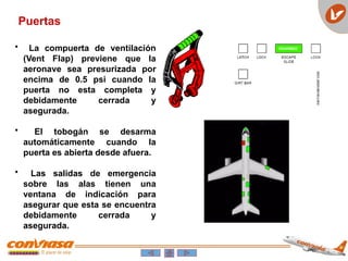 • La compuerta de ventilación
(Vent Flap) previene que la
aeronave sea presurizada por
encima de 0.5 psi cuando la
puerta no esta completa y
debidamente cerrada y
asegurada.
• El tobogán se desarma
automáticamente cuando la
puerta es abierta desde afuera.
• Las salidas de emergencia
sobre las alas tienen una
ventana de indicación para
asegurar que esta se encuentra
debidamente cerrada y
asegurada.
Puertas
 