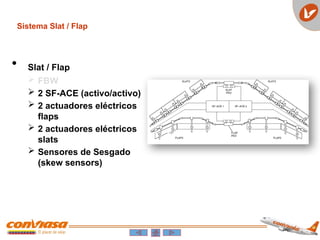 Sistema Slat / Flap
• Slat / Flap
 FBW
 2 SF-ACE (activo/activo)
 2 actuadores eléctricos
flaps
 2 actuadores eléctricos
slats
 Sensores de Sesgado
(skew sensors)
 