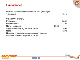 Limitaciones
Máxima componente de viento de cola (despegue
y aterrizaje 15 kt
VIENTO CRUZADO
Pista seca 38 kt
Pista húmeda 31 kt
Nieve compacta 20 kt
Agua estancada/ agua-nieve/ nieve 18 kt
Hielo 12 kt
No recomendado despegue con componentes
de viento cruzado mayores a 25 kts
 