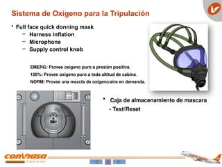 • Caja de almacenamiento de mascara
- Test/Reset
• Full face quick donning mask
– Harness inflation
– Microphone
– Supply control knob
EMERG: Provee oxigeno puro a presión positiva.
100%: Provee oxigeno puro a toda altitud de cabina.
NORM: Provee una mezcla de oxigeno/aire en demanda.
Sistema de Oxígeno para la Tripulación
 