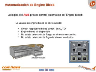 Automatización de Engine Bleed
La lógica del AMS provee control automático del Engine Bleed:
La válvula de engine bleed se abre cuando:
• Switch respectivo (bleed switch) en AUTO
• Engine bleed air disponible
• No existe detección de fuego en el motor respectivo
• No existe detección de fuga de aire en los ductos
 