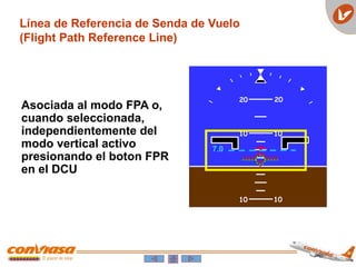 10 10
10 10
20 20
7.0
Línea de Referencia de Senda de Vuelo
(Flight Path Reference Line)
Asociada al modo FPA o,
cuando seleccionada,
independientemente del
modo vertical activo
presionando el boton FPR
en el DCU
 