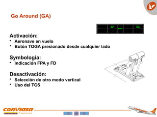 Go Around (GA)
Activación:
• Aeronave en vuelo
• Botón TOGA presionado desde cualquier lado
Symbología:
• Indicación FPA y FD
Desactivación:
• Selección de otro modo vertical
• Uso del TCS
AP GA
 