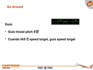 Go Around
Guía:
• Guía Inicial pitch 8
• Cuando IAS  speed target, guía speed target
AP GA
 