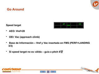 Go Around
Speed target
• AEO: Vref+20
• OEI: Vac (approach climb)
• Base de Información – Vref y Vac insertada en FMS (PERF>LANDING
3/3)
• Si speed target no es válida – guía a pitch 8
AP GA
 