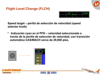 Flight Level Change (FLCH)
Speed target – perilla de selección de velocidad (speed
selector knob)
• Indicación cyan en el PFD – velocidad seleccionada a
través de la perilla de selección de velocidad, con transición
automática CAS/MACH cerca de 29,000 pies.
AP FLCH
 