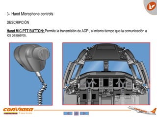 3- Hand Microphone controls
DESCRIPCIÓN
Hand MIC PTT BUTTON: Permite la transmisión de ACP , al mismo tiempo que la comunicación a
los pasajeros.
 