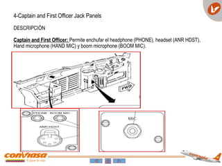 4-Captain and First Officer Jack Panels
DESCRIPCIÓN
Captain and First Officer: Permite enchufar el headphone (PHONE), headset (ANR HDST),
Hand microphone (HAND MIC) y boom microphone (BOOM MIC).
 