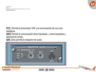 5- Observer jack panel
DESCRIPCIÓN
Observer Jacks: Permite enchufar el headphone (HDPH), headset (ANR HDST) y boom microphone (BOOM)
OBSERVER COMMUNICATION SWITCH
PTT: Permite la transmisión VHF y la comunicación de voz a los
pasajeros.
HOT: Permite la comunicación entre tripulantes y entre tripulantes y
personal de rampa.
OFF: Solo permite la recepción de audio.
 