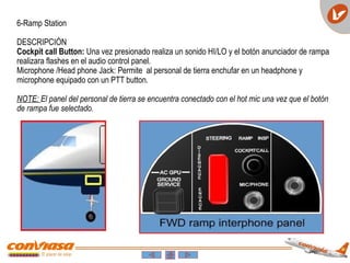 6-Ramp Station
DESCRIPCIÓN
Cockpit call Button: Una vez presionado realiza un sonido HI/LO y el botón anunciador de rampa
realizara flashes en el audio control panel.
Microphone /Head phone Jack: Permite al personal de tierra enchufar en un headphone y
microphone equipado con un PTT button.
NOTE: El panel del personal de tierra se encuentra conectado con el hot mic una vez que el botón
de rampa fue selectado.
 