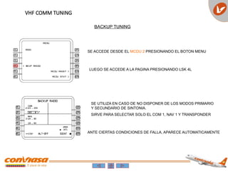 VHF COMM TUNING
BACKUP TUNING
SE ACCEDE DESDE EL MCDU 2 PRESIONANDO EL BOTON MENU
LUEGO SE ACCEDE A LA PAGINA PRESIONANDO LSK 4L
SE UTILIZA EN CASO DE NO DISPONER DE LOS MODOS PRIMARIO
Y SECUNDARIO DE SINTONIA.
SIRVE PARA SELECTAR SOLO EL COM 1, NAV 1 Y TRANSPONDER
ANTE CIERTAS CONDICIONES DE FALLA, APARECE AUTOMATICAMENTE
 