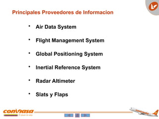 • Air Data System
• Flight Management System
• Global Positioning System
• Inertial Reference System
• Radar Altimeter
• Slats y Flaps
Principales Proveedores de Informacion
 