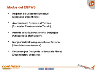 • Régimen de Descenso Excesivo
(Excessive Decent Rate)
• Acercamiento Excesivo al Terreno
(Excessive Closure rate to Terrain)
• Perdida de Altitud Posterior al Despegue
(Altitude loss after takeoff)
• Margen Vertical Inseguro sobre el Terreno
(Unsafe terrain clearance)
• Descenso por Debajo de la Senda de Planeo
(Decent below glideslope)
Modos del EGPWS
 