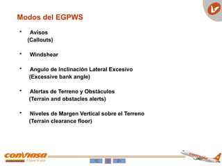 • Avisos
(Callouts)
• Windshear
• Angulo de Inclinación Lateral Excesivo
(Excessive bank angle)
• Alertas de Terreno y Obstáculos
(Terrain and obstacles alerts)
• Niveles de Margen Vertical sobre el Terreno
(Terrain clearance floor)
Modos del EGPWS
 