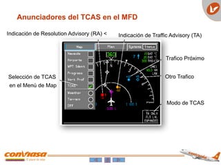 Selección de TCAS
en el Menú de Map
Indicación de Resolution Advisory (RA) < Indicación de Traffic Advisory (TA)
Trafico Próximo
Otro Trafico
Modo de TCAS
Anunciadores del TCAS en el MFD
 