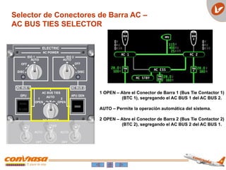 Selector de Conectores de Barra AC –
AC BUS TIES SELECTOR
1 OPEN – Abre el Conector de Barra 1 (Bus Tie Contactor 1)
(BTC 1), segregando el AC BUS 1 del AC BUS 2.
AUTO – Permite la operación automática del sistema.
2 OPEN – Abre el Conector de Barra 2 (Bus Tie Contactor 2)
(BTC 2), segregando el AC BUS 2 del AC BUS 1.
 