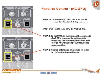 Panel de Control - (AC GPU)
PUSH IN – Conecta el AC GPU con el AC TIE de
acuerdo a la prioridad de generación.
PUSH OUT – Aísla el AC GPU del AC BUS TIE.
NOTA 1- La luz AVAIL se ilumina en el botón cuando
el AC GPU se encuentra debidamente
conectado a la aeronave y la calidad de la
energía AC (voltaje/amperaje/frecuencia)
son cumplidos.
NOTA 2- Cuando el botón es presionado IN, la luz
IN USE se ilumina en el botón.
AVAIL
IN USE
 