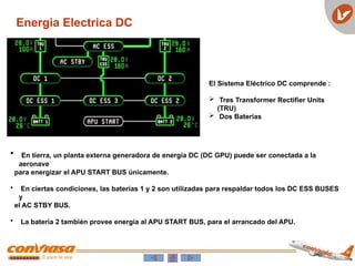 Energia Electrica DC
El Sistema Eléctrico DC comprende :
 Tres Transformer Rectifier Units
(TRU)
 Dos Baterías
• En tierra, un planta externa generadora de energía DC (DC GPU) puede ser conectada a la
aeronave
para energizar el APU START BUS únicamente.
• En ciertas condiciones, las baterías 1 y 2 son utilizadas para respaldar todos los DC ESS BUSES
y
el AC STBY BUS.
• La batería 2 también provee energía al APU START BUS, para el arrancado del APU.
 