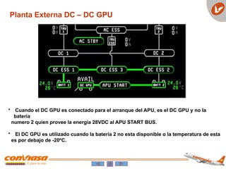Planta Externa DC – DC GPU
• Cuando el DC GPU es conectado para el arranque del APU, es el DC GPU y no la
batería
numero 2 quien provee la energía 28VDC al APU START BUS.
• El DC GPU es utilizado cuando la batería 2 no esta disponible o la temperatura de esta
es por debajo de -20ºC.
 