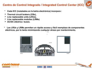 Centro de Control Integrado / Integrated Control Center (ICC)
• Cada ICC (instalados en la bahía electrónica) incorpora :
 Thermal circuit brakers (CBs),
 Line replaceable units (LRUs),
 Line replaceable modules (LRMs)
 AC/DC eléctrica buses.
• Los LRUs y LRMs permiten un rápido acceso y fácil reemplazo de componentes
eléctricos, por lo tanto minimizando cualquier atraso por mantenimiento.
 