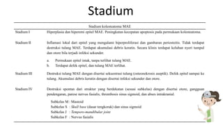 Stadium
Stadium kolesteatoma MAE
Stadium I Hiperplasia dan hiperemi epitel MAE. Peningkatan kecepatan apoptosis pada permukaan kolesteatoma.
Stadium II Inflamasi lokal dari epitel yang mengalami hiperproliferasi dan gambaran periosteitis. Tidak terdapat
destruksi tulang MAE. Terdapat akumulasi debris keratin. Secara klinis terdapat keluhan nyeri tumpul
dan otore bila terjadi infeksi sekunder.
a. Permukaan epitel intak, tanpa terlihat tulang MAE.
b. Terdapat defek epitel, dan tulang MAE terlihat.
Stadium III Destruksi tulang MAE dengan disertai sekuestrasi tulang (osteonekrosis aseptik). Defek epitel sampai ke
tulang. Akumulasi debris keratin dengan disertai infeksi sekunder dan otore.
Stadium IV Destruksi spontan dari struktur yang berdekatan (sesuai subkelas) dengan disertai otore, gangguan
pendengaran, parese nervus fasialis, thrombosis sinus sigmoid, dan abses intrakranial.
Subkelas M : Mastoid
Subkelas S : Skull base (dasar tengkorak) dan sinus sigmoid
Subkelas J : Temporo-mandibular joint
Subkelas F : Nervus fasialis
 