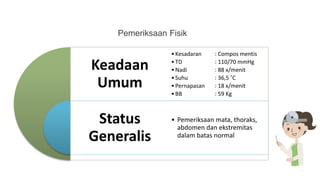 Pemeriksaan Fisik
Keadaan
Umum
Status
Generalis
•Kesadaran : Compos mentis
•TD : 110/70 mmHg
•Nadi : 88 x/menit
•Suhu : 36,5 ˚C
•Pernapasan : 18 x/menit
•BB : 59 Kg
• Pemeriksaan mata, thoraks,
abdomen dan ekstremitas
dalam batas normal
 