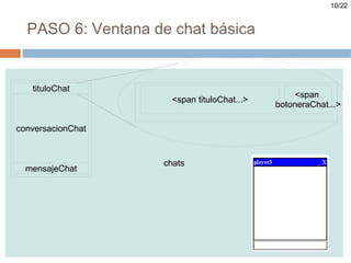 10/22


  PASO 6: Ventana de chat básica


   tituloChat
                                                       <span
                     <span tituloChat...>
                            <DIV tituloChat...>   botoneraChat...>

conversacionChat
  ventanaChat


                   chats
  mensajeChat
 