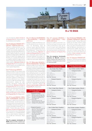 Mini Circuitos I 67




                                                                                                                                        8 a 15 DIAS

una cena alemana. (Cena incluida en          Día 11º (Martes) NUREMBERG                    Día 13º (Jueves) MUNICH /                     Día 14º (Viernes) FREIBURG / HEI-
el Paquete Plus P+). Alojamiento en          / ROTHEMBURG / MUNICH                         LAGO CONSTANZA / FREI-                        DELBERG / FRANKFURT (280 Kms)
los alrededores de Frankfurt.                (370 Kms)                                     BURG (350 Kms)                                Desayuno buffet. Tiempo libre para
                                             Desayuno y salida para efectuar un re-        Desayuno buffet en el hotel y sa-             pasear por el centro histórico antes
Día 8º (Sábado) FRANKFURT /                  corrido panorámico por el centro his-         lida hacia el Lago Constanza cuyas            de continuar nuestro viaje a Heidel-
ERFURT / BERLÍN (558 Kms)                    tórico de Nuremberg, antes de                 orillas bordearemos antes de en-              berg, cuna de la Universidad más an-
Desayuno y salida para hacer un reco-        continuar nuestro viaje hacia Rothem-         trar en la región de la Selva Negra           tigua de Alemania, dominada por su
rrido panorámico de la ciudad de             burg, una de las poblaciones más be-          para dirigirnos a la bella población          impresionante castillo. Visita panorá-
Frankfurt recorriendola catedral, el Ro-     llas de Alemania. Tiempo libre en la          de Freiburg donde nos alojaremos.             mica de la ciudad y tiempo libre. A
merberg, el ayuntamiento Römer, la ca-       ciudad para almorzar. (Almuerzo in-           (Cena incluida en el Paquete Plus             primera hora de la tarde salida hacia
tedral, la iglesia Paulskirche, la casa de   cluido en el Paquete Plus P+) y pasear        P+).                                          Frankfurt. (Cena incluida en el Pa-
Goethe y la antigua Opera. Salida hacia      por su fascinante centro histórico de                                                       quete Plus P+). Alojamiento.
Erfuer, la ciudad de las Agujas, que se      ambiente medieval. Por la tarde, con-         Para los pasajeros terminando
levantan en un paisaje dominado por          tinuación a Munich, donde llegaremos          servicios en Munich: desayuno                 Día 15º (Sábado) FRANKFURT
su magníﬁca catedral y la iglesia de San     a última hora de la tarde. Alojamiento.       buffet y tiempo libre hasta ser tras-         Desayuno. A la hora prevista traslado
Severo.Tiempo libre para pasear por su                                                     ladados al aeropuerto para tomar              al aeropuerto para tomar el vuelo de
centro histórico. (Almuerzo incluido en      Día 12º (Miércoles) MUNICH /                  el vuelo de salida.                           salida.
el Paquete Plus P+). Por la tarde conti-     NEUSCHWANSTEIN / MUNICH
nuamos nuestra ruta hacia Berlín, la ﬂa-     Desayuno buffet. Por la mañana efec-               Precio por Persona en $ USA                  Precio por Persona en $ USA
mante capital. Alojamiento.                  tuaremos la visita de la ciudad con su                en Habitación Doble                          en Habitación Doble
                                             Monasterio Theatiner, el Maximilianeum               Tour 8 días: París / Berlín                Tour 10 días: Londres / Berlín
Día 9º (Domingo) BERLÍN                      sede del Parlamento Bávaro, la catedral,
                                                                                                     Categoría Confort                             Categoría Confort
Desayuno buffet. Por la mañana visita        la torre del viejo Pedro y la Marienplatz,
panorámica de la ciudad, recorriendo                                                       Abril / Junio                        1.240    Abril 20 / Junio 15             1.795
                                             plaza del Ayuntamiento, en cuya torre         Julio / Agosto 12                    1.190    Junio 29 / Agosto 10            1.775
entre otros monumentos la puerta de          cada día repican las campanas. Al me-         Agosto 26 / Oct 21                   1.275    Agosto 24 / Oct 19              1.850
Brandenburgo, la iglesia Memorial            diodía, salida para realizar una visita op-   Abril 07, 2014                       1.275    Abril 05, 2014                  1.825
                                                                                           Supl. Hab. Individual                  390    Supl. Hab. Individual             610
del Kaiser Guillermo, el Reichstag, y        cional al castillo de Neuschwanstein, en
los restos del famoso muro. Paseare-         un paisaje de ensueño en una colina, y                  Categoría Superior                            Categoría Superior
mos por su calle más animada, la Kur-        rodeado de altas montañas, fue cons-          Abril / Junio                        1.370    Abril 20 / Junio 15             1.975
füerstendamm, repleta de cafés,              truido por Luis II de Baviera, apodado el     Julio / Agosto 12                    1.290    Junio 29 / Agosto 10            1.890
                                                                                           Agosto 26 / Oct 21                   1.395    Agosto 24 / Oct 19              2.020
tiendas y discotecas. Tiempo libre           Rey Loco, y dedicado a Wagner. (Al-           Abril 07, 2014                       1.395                                    1.995
                                                                                                                                         Abril 05, 2014
para almorzar. (Almuerzo incluido en         muerzo y visita al castillo incluido en el    Supl. Hab. Individual                  480    Supl. Hab. Individual             670
el Paquete Plus P+). Por la tarde su-        Paquete Plus P+). Alojamiento.
gerimos una visita opcional a la isla de                                                        Tour 11 días: París / Munich                Tour 13 días: Londres / Munich
los museos con visita y entrada al
                                                   HOTELES PREVISTOS                                 Categoría Confort                             Categoría Confort
museo Pergamo y al museo Egipcio.                     o similares                          Abril / Junio                        1.615    Abril 20 / Junio 15             2.175
(Visita a la isla de los museos incluida                                                   Julio / Agosto 12                    1.550    Junio 29 / Agosto 10            2.120
                                                       Categoría Confort                                                        1.675                                    2.250
en el Paquete Plus P+). Alojamiento.                                                       Agosto 26 / Oct 21                            Agosto 24 / Oct 19
                                             Londres   Mercure London Bridge (TS)          Abril 07, 2014                       1.635    Abril 05, 2014                  2.195
                                             París     Ibis Alesia Montparnasse (TS)       Supl. Hab. Individual                  540    Supl. Hab. Individual             760
Día 10º (Lunes) BERLÍN / DRES-               Frankfurt Holiday Inn City Messe (TS)
DEN / NUREMBERG (510 Kms)                    Berlín    Dorint Berlin (P)                             Categoría Superior                            Categoría Superior
                                             Nuremberg Acom (TS)                           Abril / Junio                        1.790    Abril 20 / Junio 15             2.395
Desayuno y salida hacia la bella ciu-        Munich    Leonardo Residenz (TS)              Julio / Agosto 12                    1.680    Junio 29 / Agosto 10            2.290
dad de Dresden, donde haremos una            Freiburgo Schwarz Löwen / Zum Schiff (P)      Agosto 26 / Oct 21                   1.825    Agosto 24 / Oct 19              2.450
visita panorámica recorriendo la terra-      Frankfurt Holiday Inn City Messe (TS)         Abril 07, 2014                       1.820    Abril 05, 2014                  2.430
                                                                                           Supl. Hab. Individual                  675    Supl. Hab. Individual             870
zas del Elba, el puente de Augusto, el
conjunto del palacio Imperial, y la ca-
                                                       Categoría Superior                      Tour 13 días: París / Frankfurt             Tour 15 días: Londres / Frankfurt
tedral. Tiempo libre para almorzar.
                                             Londres   Guoman Tower Of London (P)
(Almuerzo incluido en el Paquete Plus        París     Mercure P. de Versailles /                    Categoría Confort                             Categoría Confort
P+). Continuamos hacia Nuremberg,                      Oceania Versailles (TS)             Abril / Junio                        1.790    Abril 20 / Junio 15             2.350
                                             Frankfurt Holiday Inn South (P)               Julio / Agosto 12                    1.725    Junio 29 / Agosto 10            2.295
donde destaca su Ciudadela Medie-
                                             Berlín    Art’otel City Center West /         Agosto 26 / Oct 21                   1.875    Agosto 24 / Oct 19              2.425
val y su centro histórico rodeado por                  Royal Leonardo (P)                  Abril 07, 2014                       1.825    Abril 05, 2014                  2.380
una muralla de 5 kilómetros. Aloja-          Nuremberg Acom (TS)                           Supl. Hab. Individual                  640    Supl. Hab. Individual             860
                                             Munich    Regent (P)
miento.                                                                                              Categoría Superior                            Categoría Superior
                                             Freiburgo Schwarz Löwen / Zum Schiff (P)
                                             Frankfurt Holiday Inn South / NH Mor-         Abril / Junio                        1.975    Abril 20 / Junio 15             2.590
Para los pasajeros terminando en                       felden (P)                          Julio / Agosto 12                    1.875    Junio 29 / Agosto 10            2.475
                                                                                           Agosto 26 / Oct 21                   2.025    Agosto 24 / Oct 19              2.630
Berlín: desayuno buffet y traslado al ae-                                                                                       1.995
                                                                                           Abril 07, 2014                                Abril 05, 2014                  2.625
ropuerto para tomar su vuelo de salida.                                                    Supl. Hab. Individual                  795    Supl. Hab. Individual             990
 