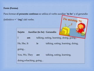 Form (Forma)
Para formar el presente continuo se utiliza el verbo auxiliar "to be" y el gerundio
(infinitivo + "-ing") del verbo.
Sujeto Auxiliar (to be) Gerundio
I am talking, eating, learning, doing, going...
He, She, It is talking, eating, learning, doing,
going...
You, We, They are talking, eating, learning,
doing,whaching, going...
 
