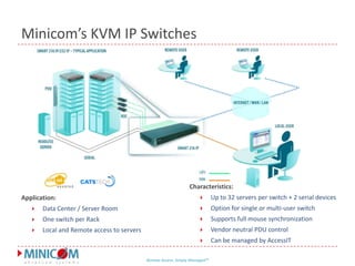 Minicom’s KVM IP SwitchesCharacteristics:Up to 32 servers per switch + 2 serial devices