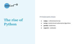 PYTHON DATA STACK
● numpy : n-dimensional arrays
● scipy : statistical and mathematical algorithms
● pandas : dataframes
● jupyter : notebooks
The rise of
Python
 