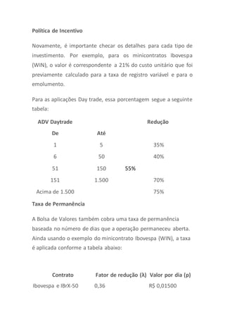 Política de Incentivo
Novamente, é importante checar os detalhes para cada tipo de
investimento. Por exemplo, para os minicontratos Ibovespa
(WIN), o valor é correspondente a 21% do custo unitário que foi
previamente calculado para a taxa de registro variável e para o
emolumento.
Para as aplicações Day trade, essa porcentagem segue a seguinte
tabela:
ADV Daytrade Redução
De Até
1 5 35%
6 50 40%
51 150 55%
151 1.500 70%
Acima de 1.500 75%
Taxa de Permanência
A Bolsa de Valores também cobra uma taxa de permanência
baseada no número de dias que a operação permaneceu aberta.
Ainda usando o exemplo do minicontrato Ibovespa (WIN), a taxa
é aplicada conforme a tabela abaixo:
Contrato Fator de redução (λ) Valor por dia (p)
Ibovespa e IBrX-50 0,36 R$ 0,01500
 