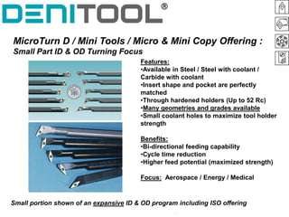 MicroTurn D / Mini Tools / Micro & Mini Copy Offering :
Small Part ID & OD Turning Focus
                                        Features:
                                        •Available in Steel / Steel with coolant /
                                        Carbide with coolant
                                        •Insert shape and pocket are perfectly
                                        matched
                                        •Through hardened holders (Up to 52 Rc)
                                        •Many geometries and grades available
                                        •Small coolant holes to maximize tool holder
                                        strength

                                        Benefits:
                                        •Bi-directional feeding capability
                                        •Cycle time reduction
                                        •Higher feed potential (maximized strength)

                                        Focus: Aerospace / Energy / Medical


Small portion shown of an expansive ID & OD program including ISO offering
 