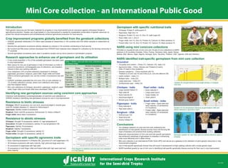 Mini Core collection - an International Public Good
Nov 2009
Introduction
Plant genetic resources are the basic materials for progress in crop improvement and an insurance against unforeseen threats to
agricultural production. Greater use of germplasm in crop improvement is needed for sustainable conservation of genetic resources, to
protect the natural ecosystems and simultaneously enhance agricultural production for food security.
ICRISAT genebank distributed 0.70 million seed samples to researchers in 144 countries and 0.65 million samples to researchers at
ICRISAT
77 countries
A very small proportion (<1%) of the available germplasm has been used
in crop improvement
Core collections (10% of entire collection) developed in chickpea,
large
ICRISAT scientists postulated the mini core (10% of core collection or
Mini core collections of chickpea, groundnut, pigeonpea, sorghum, pearl
Extensive multi-disciplinary screening/evaluation of core/mini core collections at
Resistance to biotic stresses
Sterility mosaic-8 accessions
Resistance to abiotic stresses
Drought-18 accessions; salinity-12; high temperature-5
Salinity-16 accessions
Salinity-7 accessions
Drought-10 accessions; salinity-10
Drought-10 accessions; salinity-10
Early maturing accessions in chickpea (28), groundnut (21) and pigeonpea (19)
early maturity.
Chickpea: Protein-5; anthocyanin-5
Provided on request 84 sets of mini core and 19 sets of core collections to NARS
partners in 20 countries (Canada, China, France, Germany, India, Japan, Kenya,
Groundnut
India (10 each in four locations)
Lectin content – India (11)
Confectionary type – India (15)
in various crops.
Number of accessions
Crop Entire
collection development
Core
collection
Mini core
collection
Sorghum 2,247 242
Pearl millet 21,594 20,766 2,094
Chickpea 20,140 16,991 1,956 211
Pigeonpea 1,290 146
Groundnut 15,419 1,704 184
Finger millet 5,949 5,940 622 80
Foxtail millet 1,474 155
Flow diagram to establish core and mini core collections
in a crop species.
Ascochyta blight-6
Early maturity-8
Variation for drought tolerance (root length density) in chickpea
mini core.
Variation for low temperature tolerance (at germination) (left) and
salinity tolerance in groundnut (right).
Genotypic variation for root mass (left) and salinity tolerance (right) in
chickpea.
Early maturity-4
Green fodder-19
Grain yield-9
Finger millet – Seed yield and
early maturity (15 accessions
in 4 locations)
Foxtail millet - Seed yield and
early maturity (15 accessions
in 4 locations)
Conclusions
Our strategic research on core and mini core collections and
has enhanced usefulness of germplasm to breeders in enhancing
improvement programs
Characterize and evaluate EC for complete data set
Entire Collection (EC) in Genebank
Step 1
Step 2
Group 1 Group 2…………………………..Group n-1 Group n
Form groups (using taxonomic, morphological and geographic data; accessions
from smaller and adjacent countries with similar agroclimatic conditions could
be grouped together)
Step 3
Step 4
Step 5
Step 6
Clusters
Analyse the standardized data sets within each group separately. Use standard
clustering procedure to group accessions in clusters in each group.
Select 10% of accessions from each cluster, minimum 1 accession if <10
accessions in a cluster to constitute core collection (CC).
Compare CC with EC to determine the representativeness in terms of mean,
variance, diversity, frequency distributions, etc. CC is representative of EC if
these parameters did not differ significantly between the two sets (CC & EC).
Evaluate the representative CC in replicated multilocation trial for
morphological, agronomical and quality traits to identify parents for use. Use
unreplicated data for making subgroups and developing mini core collection
(MCC) if the size of CC is too large.
ClustersClustersClustersClusters
Repeat step 3 and 4 to select MCC that represent CC. Follow step 5 to confirm
representativeness of MCC with CC. Mini core is ready for use.
Step 7
 
