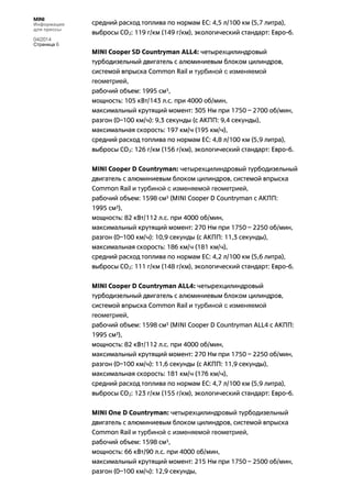 MINI
Информация
для прессы
04/2014
Страница 6
средний расход топлива по нормам ЕС: 4,5 л/100 км (5,7 литра),
выбросы CO2: 119 г/км (149 г/км), экологический стандарт: Евро-6.
MINI Cooper SD Countryman ALL4: четырехцилиндровый
турбодизельный двигатель с алюминиевым блоком цилиндров,
системой впрыска Common Rail и турбиной с изменяемой
геометрией,
рабочий объем: 1995 см3,
мощность: 105 кВт/143 л.с. при 4000 об/мин,
максимальный крутящий момент: 305 Нм при 1750 – 2700 об/мин,
разгон (0–100 км/ч): 9,3 секунды (с АКПП: 9,4 секунды),
максимальная скорость: 197 км/ч (195 км/ч),
средний расход топлива по нормам ЕС: 4,8 л/100 км (5,9 литра),
выбросы CO2: 126 г/км (156 г/км), экологический стандарт: Евро-6.
MINI Cooper D Countryman: четырехцилиндровый турбодизельный
двигатель с алюминиевым блоком цилиндров, системой впрыска
Common Rail и турбиной с изменяемой геометрией,
рабочий объем: 1598 см3 (MINI Cooper D Countryman с АКПП:
1995 см3),
мощность: 82 кВт/112 л.с. при 4000 об/мин,
максимальный крутящий момент: 270 Нм при 1750 – 2250 об/мин,
разгон (0–100 км/ч): 10,9 секунды (с АКПП: 11,3 секунды),
максимальная скорость: 186 км/ч (181 км/ч),
средний расход топлива по нормам ЕС: 4,2 л/100 км (5,6 литра),
выбросы CO2: 111 г/км (148 г/км), экологический стандарт: Евро-6.
MINI Cooper D Countryman ALL4: четырехцилиндровый
турбодизельный двигатель с алюминиевым блоком цилиндров,
системой впрыска Common Rail и турбиной с изменяемой
геометрией,
рабочий объем: 1598 см3 (MINI Cooper D Countryman ALL4 с АКПП:
1995 см3),
мощность: 82 кВт/112 л.с. при 4000 об/мин,
максимальный крутящий момент: 270 Нм при 1750 – 2250 об/мин,
разгон (0–100 км/ч): 11,6 секунды (с АКПП: 11,9 секунды),
максимальная скорость: 181 км/ч (176 км/ч),
средний расход топлива по нормам ЕС: 4,7 л/100 км (5,9 литра),
выбросы CO2: 123 г/км (155 г/км), экологический стандарт: Евро-6.
MINI One D Countryman: четырехцилиндровый турбодизельный
двигатель с алюминиевым блоком цилиндров, системой впрыска
Common Rail и турбиной с изменяемой геометрией,
рабочий объем: 1598 см3,
мощность: 66 кВт/90 л.с. при 4000 об/мин,
максимальный крутящий момент: 215 Нм при 1750 – 2500 об/мин,
разгон (0–100 км/ч): 12,9 секунды,
 