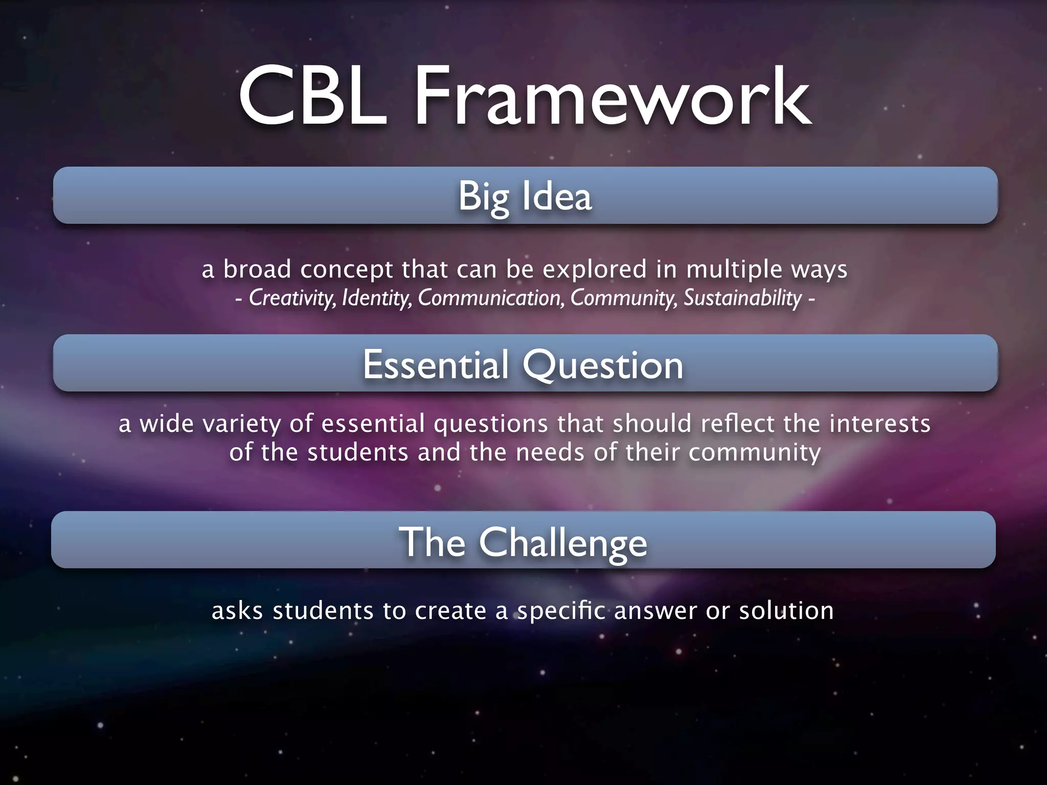 CBL Framework
                                  Big Idea
       a broad concept that can be explored in multiple ways
          - Creativity, Identity, Communication, Community, Sustainability -

                        Essential Question
a wide variety of essential questions that should reﬂect the interests
         of the students and the needs of their community


                           The Challenge
        asks students to create a speciﬁc answer or solution
 
