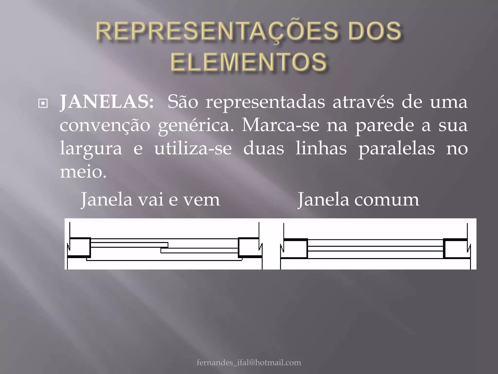    JANELAS: São representadas através de uma
    convenção genérica. Marca-se na parede a sua
    largura e utiliza-se duas linhas paralelas no
    meio.
       Janela vai e vem       Janela comum




                   fernandes_ifal@hotmail.com
 