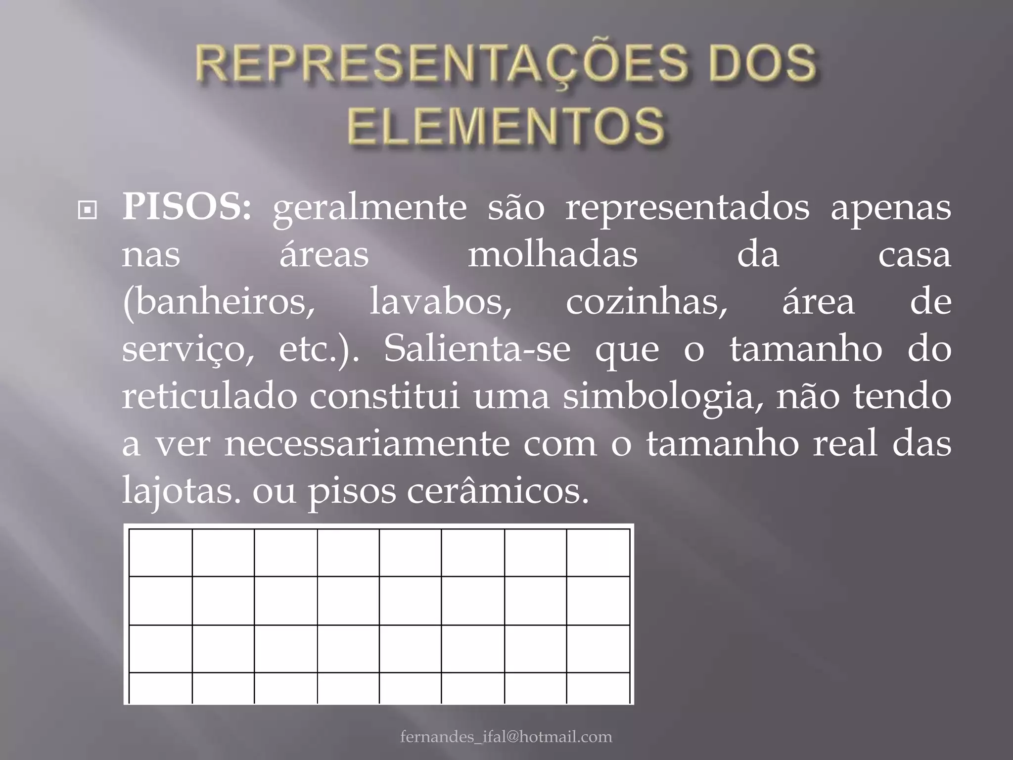    PISOS: geralmente são representados apenas
    nas       áreas      molhadas      da      casa
    (banheiros, lavabos, cozinhas, área de
    serviço, etc.). Salienta-se que o tamanho do
    reticulado constitui uma simbologia, não tendo
    a ver necessariamente com o tamanho real das
    lajotas. ou pisos cerâmicos.




                   fernandes_ifal@hotmail.com
 