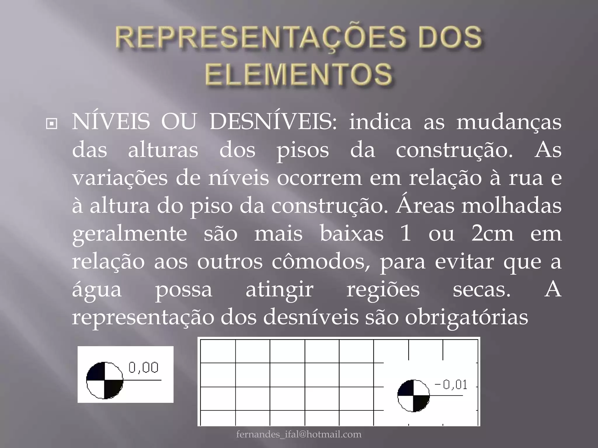    NÍVEIS OU DESNÍVEIS: indica as mudanças
    das alturas dos pisos da construção. As
    variações de níveis ocorrem em relação à rua e
    à altura do piso da construção. Áreas molhadas
    geralmente são mais baixas 1 ou 2cm em
    relação aos outros cômodos, para evitar que a
    água possa atingir regiões secas. A
    representação dos desníveis são obrigatórias



                   fernandes_ifal@hotmail.com
 