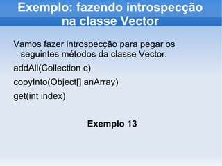 Exemplo: fazendo introspecção
       na classe Vector
Vamos fazer introspecção para pegar os
 seguintes métodos da classe Vector:
addAll(Collection c)
copyInto(Object[] anArray)
get(int index)


                   Exemplo 13
 