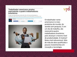 O trabalhador norte-
americano é o mais
produtivo do mundo, de
acordo com pesquisa. E em
um dia de trabalho, são
necessário quatro
trabalhadores brasileiros
para alcançar o mesmo nível
de produtividade. O motivo?
Baixo nível educacional, falta
de mão de obra qualificada e
poucos investimentos em
inovação e tecnologia.
 