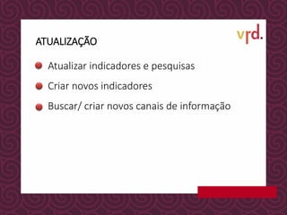 Atualizar indicadores e pesquisas
Criar novos indicadores
Buscar/ criar novos canais de informação
ATUALIZAÇÃO
 